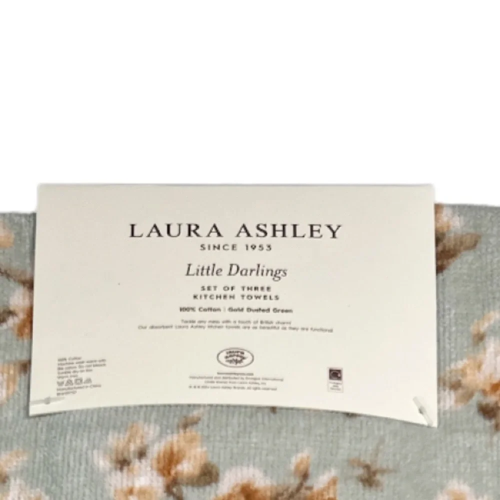 NEW Laura Ashley FLORAL LITTLE DARLINGS Kitchen Towel Set/3 Gold Dusted Green